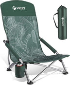 VILLEY Low Beach Chair, High Back Folding Adult Chair, Lightweight & Portable for Outdoor, Beach, Camping, Lawn, Music Festival, with Cup Holder & Carry Bag - Vintage Green Leaves