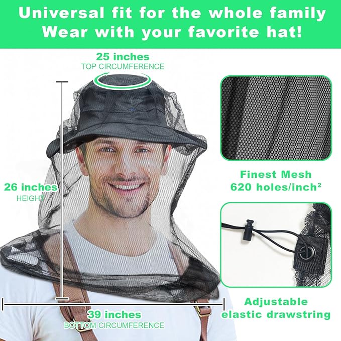 tupi Premium Mosquito Head Net Mesh, 1 Pack Bug Face Net for Fly & Mosquito Protection | Ultra Large & Long, Finest Holes for Camping, Hiking, Fishing, Gardening, Safari, Fits All Hats for Men & Women