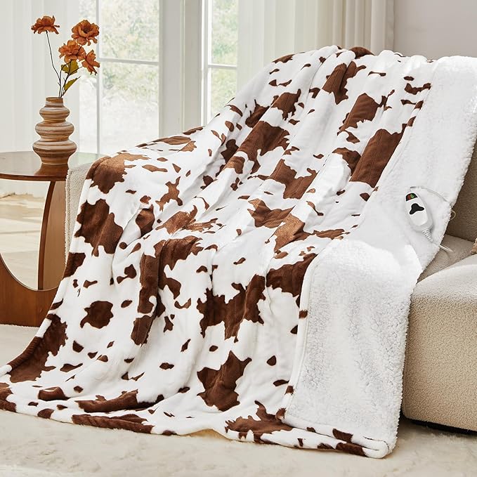 Cow Print Heated Electric Blanket Throw,50X60 Brown Heating Blanket with 10 Heats Levels & 8 Hours Auto Off, Western Highland Cow Decor Stuff Fleece Sherpa Blankets Warmer Gifts for Women Adults,ETL