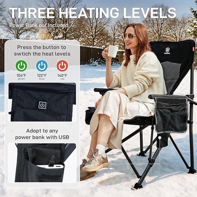 EVER ADVANCED Heated Oversized Foldable Camping Chair for Adults with Adjustable Lumbar Support, Heavy Duty Chair with Side Pockets, Heated Portable Collapsible Quad Chair for Outside, Support 500lbs