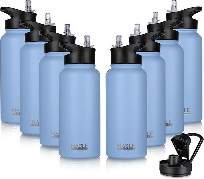 HASLE OUTFITTERS 32 oz Insulated Water Bottle Stainless Steel Double Walled Vacuum Sports Water Bottle with 2 Lids (Straw and Spout Lid) for Gym Camping Hiking(Blue,8)