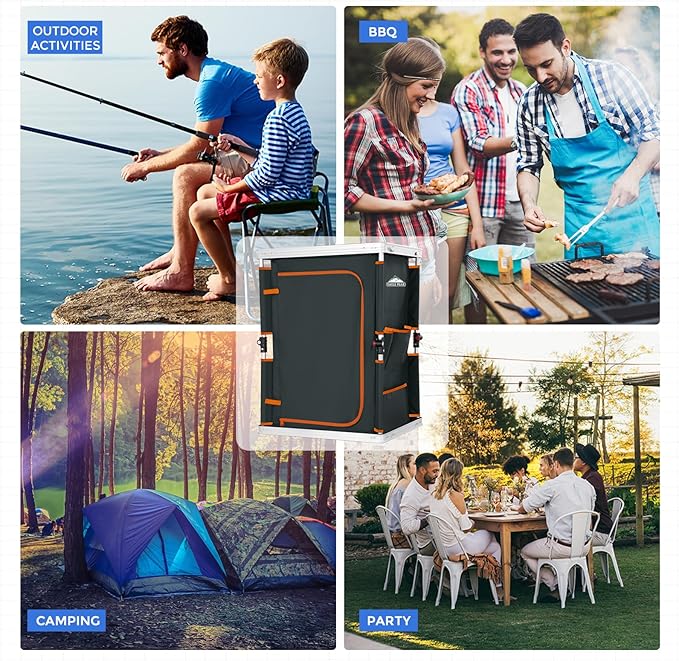 EAGLE PEAK Outdoor Folding Camping Table with Large 3-Tier Storage Organizer and Side Pockets, Easy Set Up Portable Aluminum Camping Kitchen, Gray