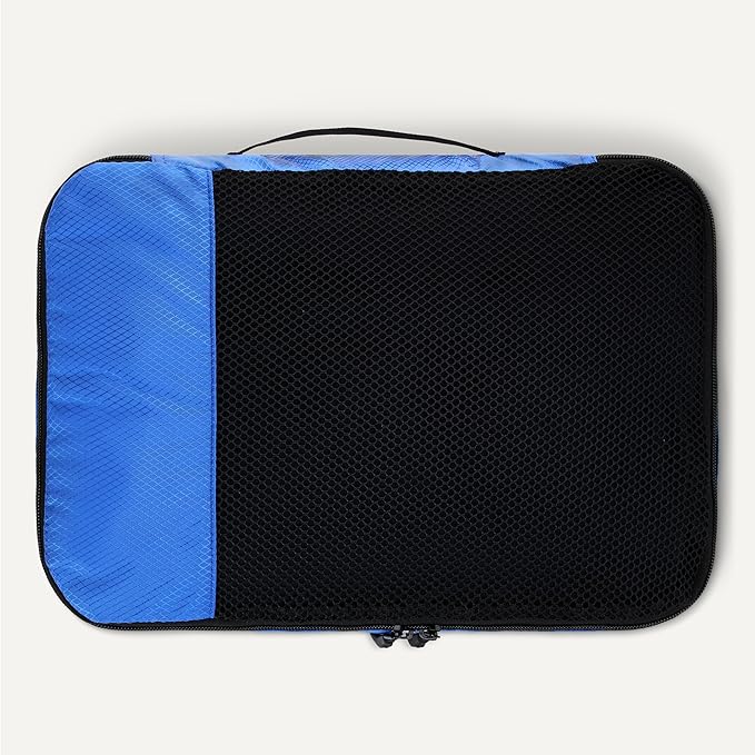 Amazon Essentials 4-Piece Packing Cubes Travel Accessories Set, Luggage Organizer with Double Zipper, Mesh Top, 100% Polyester, 2 Medium/2 Large, Blue (Previously Amazon Basics)