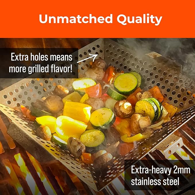 Heavy-Duty Stainless Steel Grill Basket – 12"x13.75" Large BBQ Basket with Removable Handle – Durable Grilling Basket for Vegetables, Fish & Meat – Outdoor Cooking Accessory with 4 Bonus Scrub Sponges