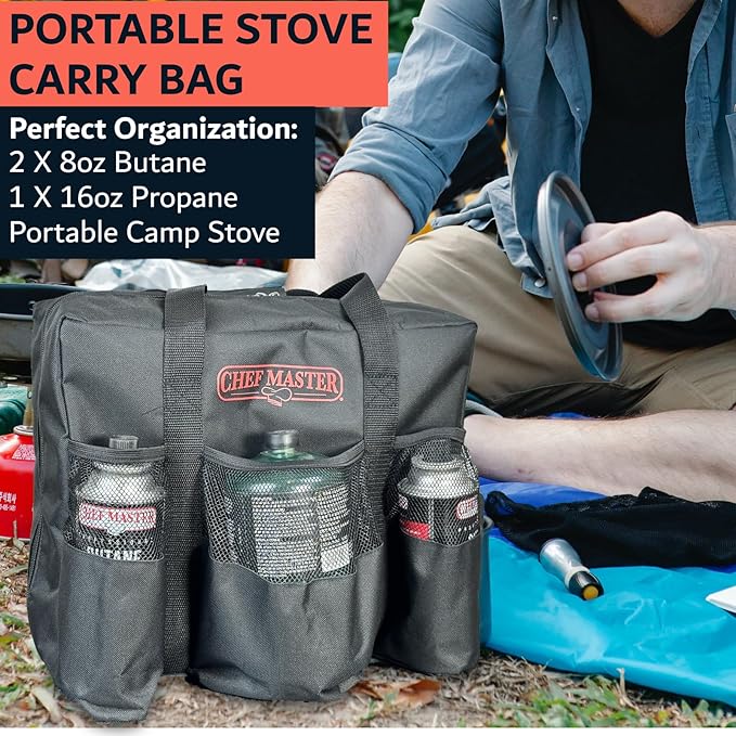 Chef Master Carrying Bag for Camp Stove & Butane Fuel Canister, Travel Camping Bag for Tin Cans, Compatible for Most Portable Camp Stoves & Dual Fuel Stove for Outdoor Trip, Camping Essential 90080