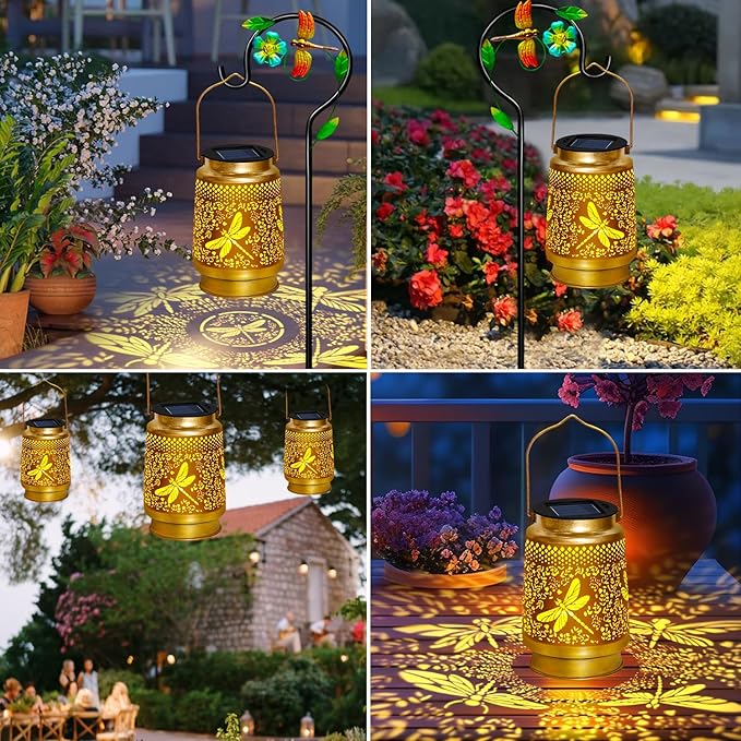 TEDOF Solar Lanterns Outdoor Waterproof Dragonfly Birthday Mothers Day Gifts for Women,Mom,Grandma,Hanging Metal Solar Garden Lights for Yard,Patio,Backyard,Porch