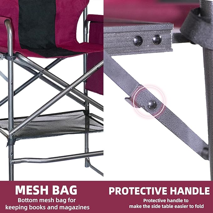 30" Tall Directors Chair with Side Table, 400LBS Bar Height Folding Camping Chair for Makeup Artists, Outdoor Events, Portable Foldable Chair with Cup Holder & footrest - Light Wine Red