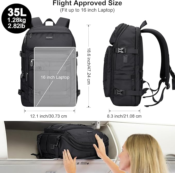 PIJUSHI Travel Backpack for Women Men Flight Aprroved Carry on Bag Large Casual Luggage Backpack Fit 16 inch Laptop(PE050 Black)