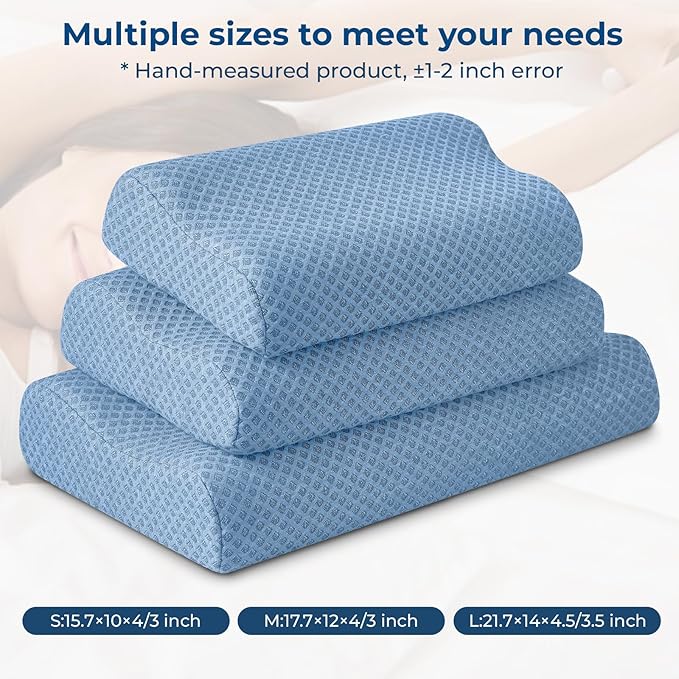 Travel Pillow Memory Foam Pillows, Ergonomic Wave Cervical Neck Pillow for Neck Pain Relief, Compressible Medium Firm Side Sleeper Pillow, Ideal for Camping, Office, Home & Bed (Blue, S)