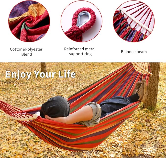 Hammock, Cotton Canvas Hammock Portable Camping Hammock with Carrying Bag Two Anti Roll Balance Beam Metal Carabiner Ropes and Tree StrapsSuit for Indoor,Yard,Camping,Outdoor-Rainbow