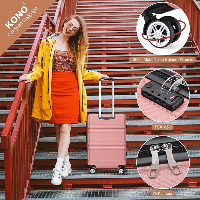 Kono Luggage Set 4 Piece Carry On Hardside Luggage with TSA Lock Spinner Wheels Carry On Suitcase Nude/Rose Pink