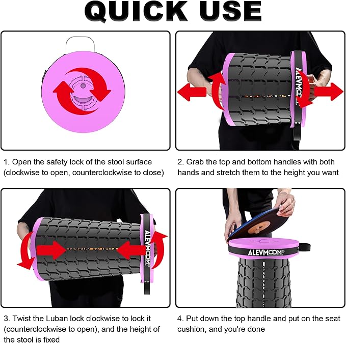 ALEVMOOM Upgraded 19.7" XXL Collapsible Stool with Cushion, Portable Telescoping Stool Capacity 1000lbs Heavy Duty Retractable Folding Chair for Adults for Camping Fishing Hiking BBQ