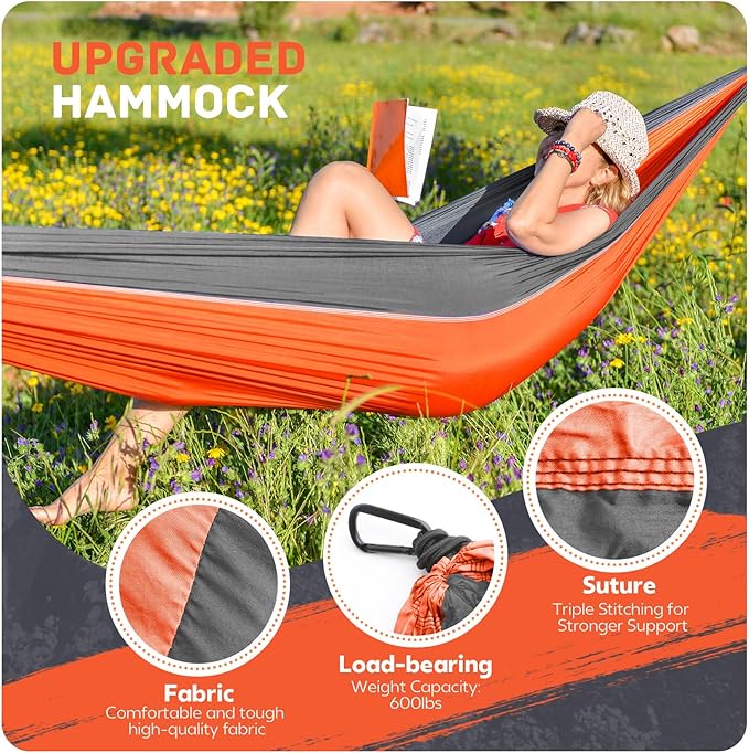 Camping Hammock Lightweight, Portable Hammocks Parachute Hammock with Two Tree Straps, Single or Double Travel Swing Nylon Camp Hammocks, Outdoor Essentials for Beach Backpacking Hiking, Orange