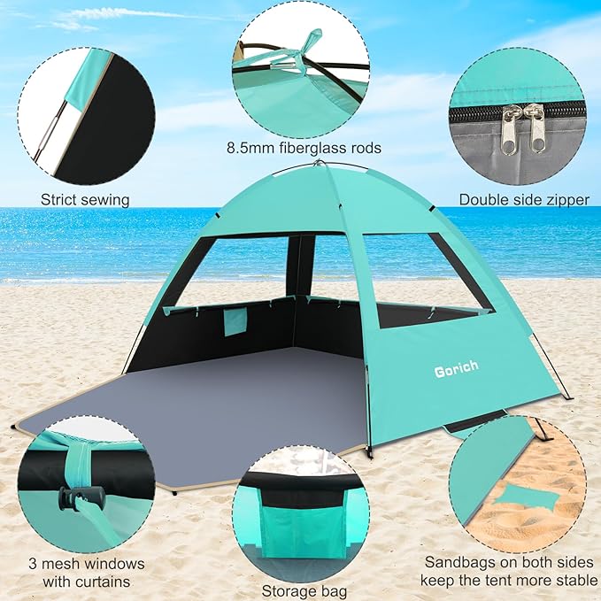 Gorich Beach Tent Sun Shelter for 3/4-5/6-7/8-10 Person with UPF 50＋ UV Protection, Lightweight & Easy Setup Beach Shade Canopy, Portable Beach Shade Tent Beach Cabana
