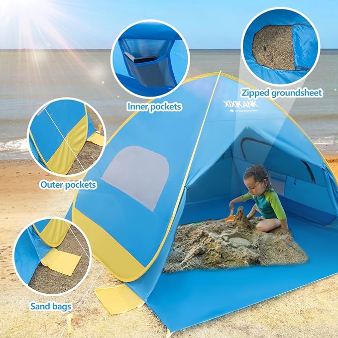 2 Second Easy Setup Pop Up Beach Tent for 4 Person,UPF 50+ UV Protection Beach Shade, Wind Resistant Sun Protection Sun Shelter,Portable Lightweight Tent for Beach Cabana with Handy Carry Bag