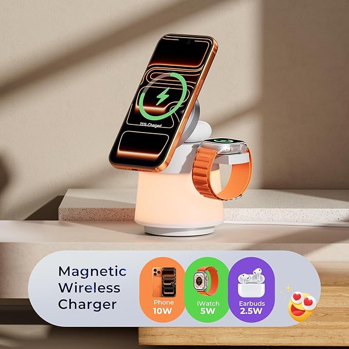 Wireless Charger 3 in 1, Magnetic Wireless Charger Stand with Night Light, 360° Rotation Portable Travel Charging Station Multiple Devices for iPhone 17/16/15/14/13/12, Apple Watch, AirPods Pro 3