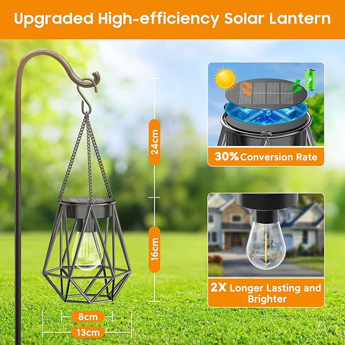 KOOPER 4 Pack Hanging Solar Lanterns Outdoor Waterproof, Metal Solar Powered Lantern Lights, Bright Diamond Shape Lantern with Hook, Outdoor Decorative Lanterns for Patio Porch Garden Yard Decor Gift