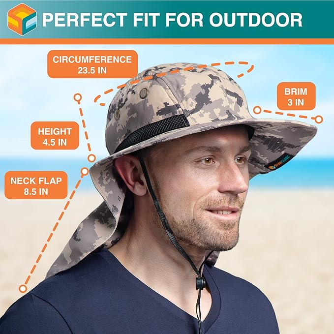 SUN CUBE Sun Hat for Men, Wide Brim Fishing Hat Neck Flap Cover Men, Women, Hiking, Camping, Sun Protection UV, Gardening