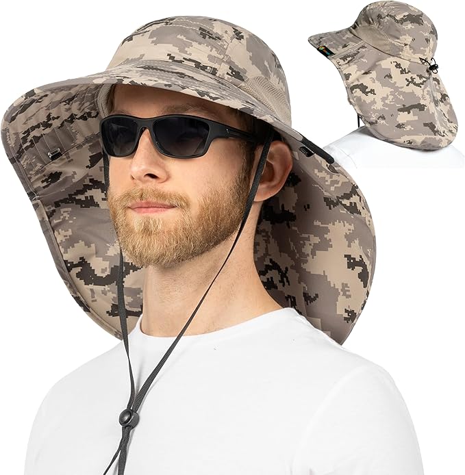 SUN CUBE Wide Brim Sun Hat with Neck Flap, UPF50+ Hiking Safari Fishing Hat for Men Women, Sun Protection Beach Hat