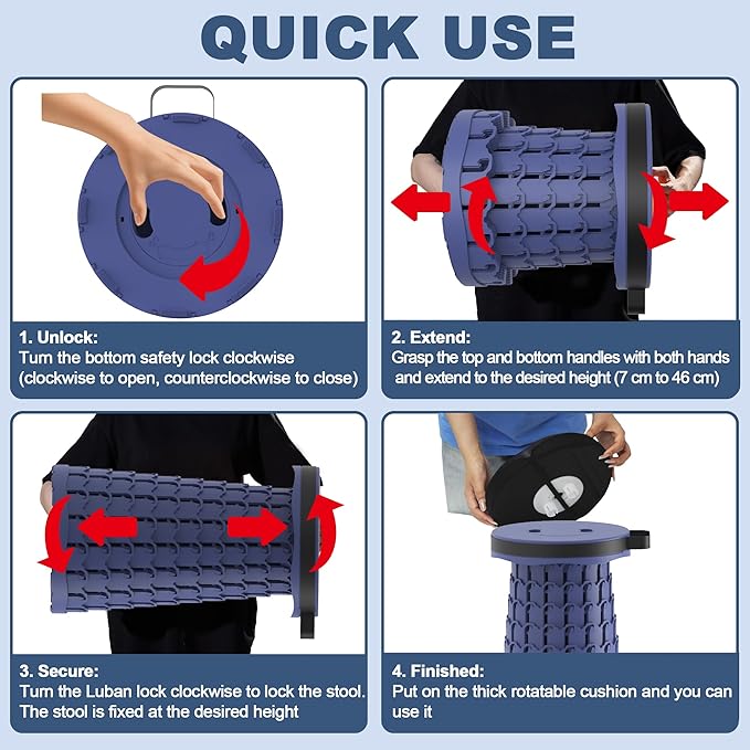 ALEVMOOM 2025 Upgraded 18.1" Collapsible Stool with Cushion & Carry Bag, 600lbs Max Weight Portable Telescoping Stool, More Sturdy Lightweight Retractable Seat Folding Chair for Camping & Outdoors