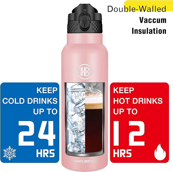 Han's Bottle Sports Water Bottle - 24 Oz, Straw Lid, Leak Proof, Vacuum Insulated Stainless Steel, Double Walled, Thermo Mug,Blush