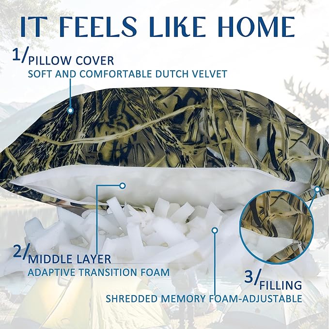Camping Pillow Shredded Memory Foam Travel Pillows for Sleeping Compressible Lightweight Camp Pillow Washable Backpacking Pillow for Camping & Hiking Firm Supportive Small Pillow for Travel