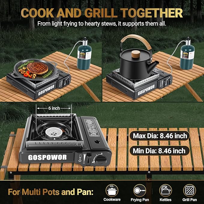 Propane or Butane Stove with Windblocker, Dual Fuel 10,000 BTU Propane Stove for Camping, Automatic Ignition,Gas Portable Stove with Adapter Hose Carrying Case & Griddle for Hiking (Fuel Not Included)