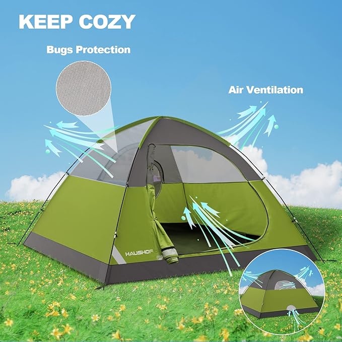 HAUSHOF 2/4-Person Family Dome Tent with Removable Rain-Fly, Easy Set Up Portable Camping Tent for Backpacking Hiking Backyard Outdoor, Green/Blue/2-person/4-person