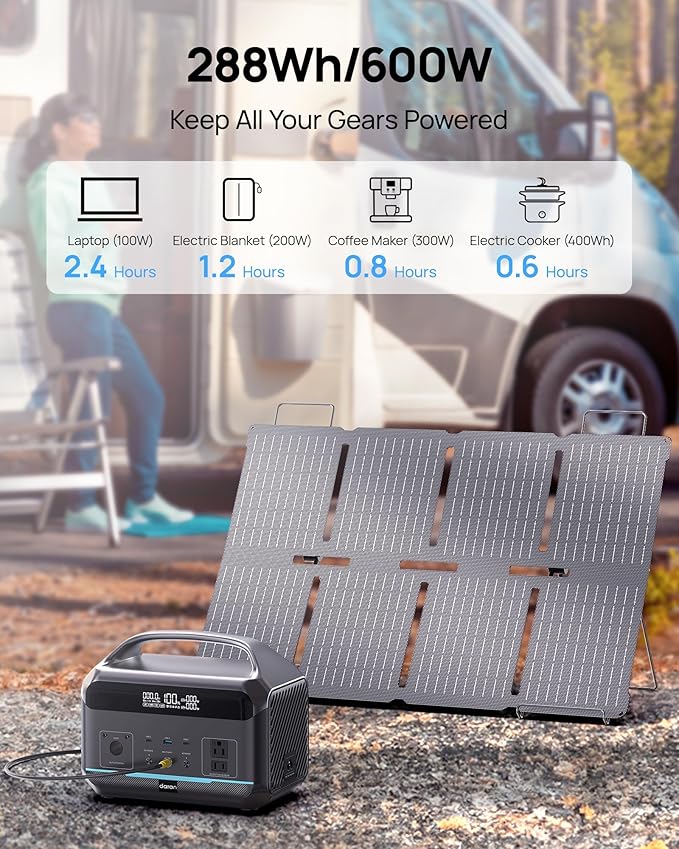 DaranEner Portable Power Station 600W with Solar Panel 80W, 288Wh LiFePO4 Battery Backup w/2 AC Outlets, 1.7H Fast Charging Solar Generator for Camping, RV Travel, Home Emergencies