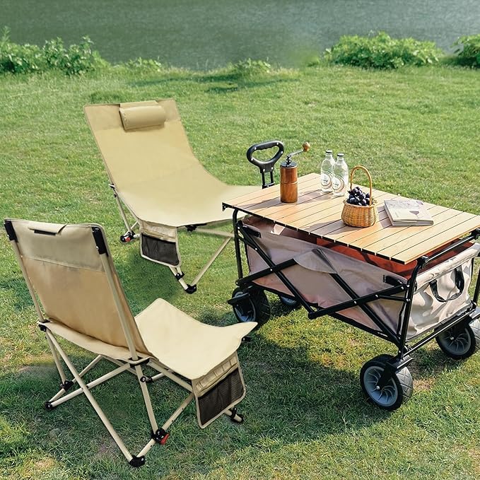 Oversized Backpack Beach Chairs 2 Pack with 4 Position Lay Flat Portable Low Camping Chairs with Headrest&Side Pocket Folding Reclining Chairs for Beach Lawn Outdoor