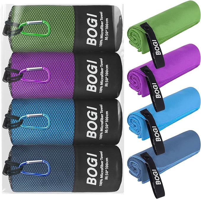 BOGI 4 Pack Microfiber Travel Sports Towel-Quick Dry Towel, Soft Lightweight Microfiber Camping Towel Absorbent Compact Travel Towel for Camping Gym Beach Bath Yoga Swimming Backpacking-4 pcs Medium