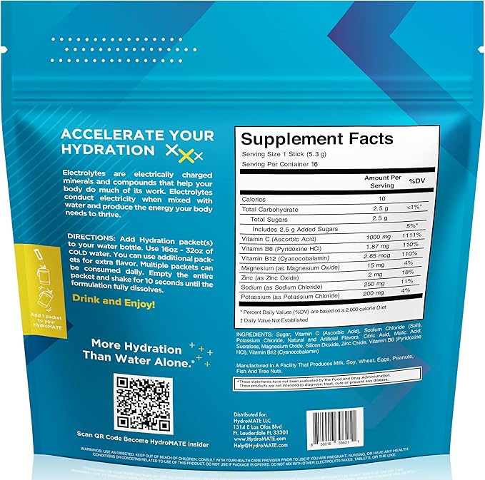 HydroMATE Electrolyte Powder Lemon Lime Hydration Packets Low Sugar 16 Count