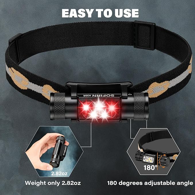 sofirn LED Headlamp Rechargeable, H35R Super Bright Lightweight Head Light with 660nm Deep Red Light, 1500 Lumens White Light, IPX6 Waterproof Head Flashlight for Running Hiking Camping