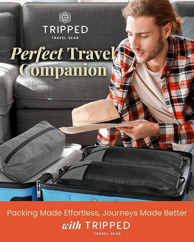 Premium Compression Packing Cubes for Travel, Compression Packaging Cube, Zip Bags Premium 6-Piece Set with laundry bag and shoe bag by TRIPPED Travel Gear (Grey Mesh)