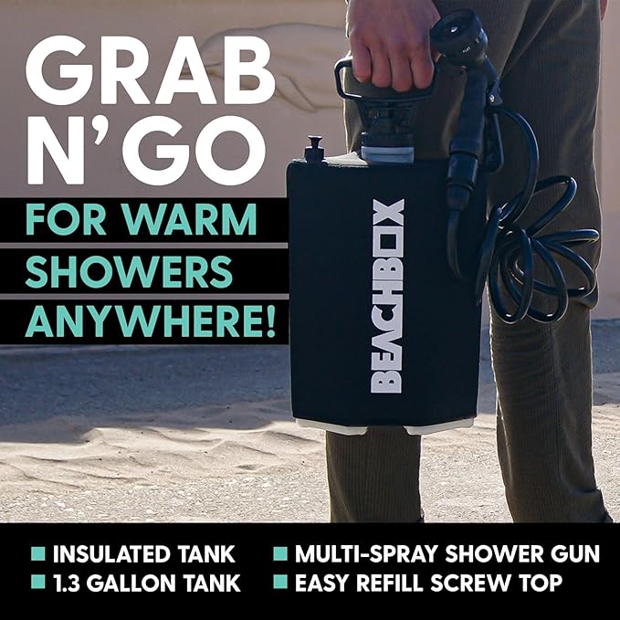 BeachBox Portable Shower Tank – Insulated Hot & Cold Water Tank for Camping, Beach, & Outdoor Adventures – 1.3 Gal Capacity – Multi-Spray Shower Gun – Easy Fill & Carry