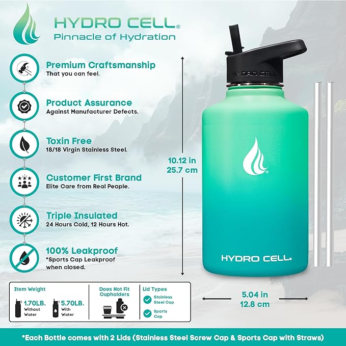 HYDRO CELL Stainless Steel Insulated Water Bottle with Straw - For Cold & Hot Drinks - Metal Vacuum Flask with Screw Cap and Modern Leakproof Sport Thermos for Adults (Mint/Green 64oz)