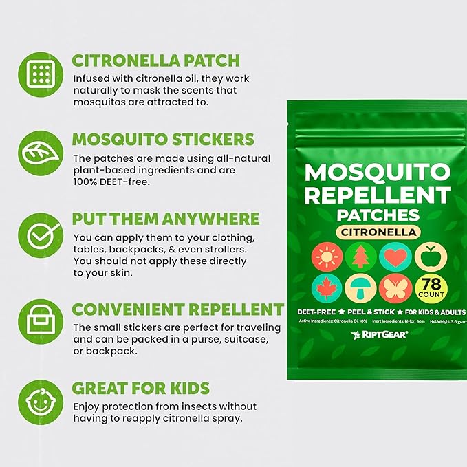 RiptGear Mosquito Patches - 78 Pack of Bug Stickers for Kids and Adults, Natural Citronella Patch Sticks to Any Surface - DEET Free Mosquito Stickers