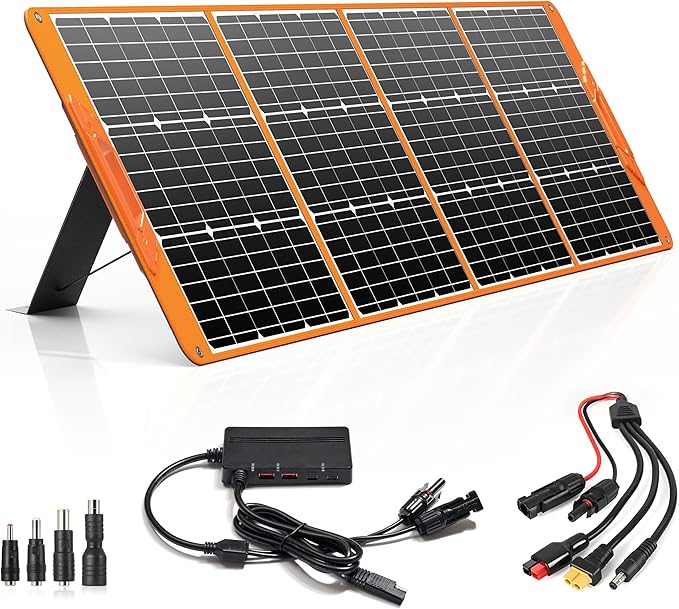 200 Watt Portable Solar Panel for Power Station Generator, 19.8V IP65 Waterproof 4 Kickstands Foldable Solar Panel, Solar Charger with MC4 Cable and USB Outputs for Outdoor Trip RV Camping Off Grid