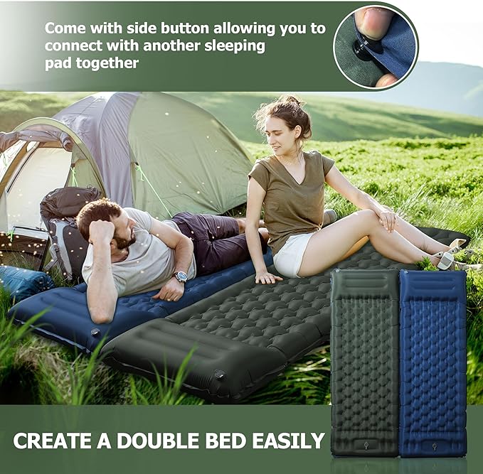 Sleeping Pad for Camping, Ultralight 4.7" Extra-Thick Inflatable Camping Mat with Pillow Built-in Foot Pump, Compact Lightweight Air Mattress for Backpacking Hiking Car travel Tent, Military Green