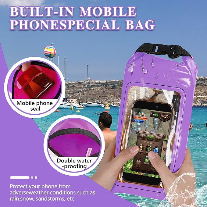 IP68 Waterproof Dry Bag, 2L - Roll Top Waterproof Pool Bag，Dry Bags for Kayaking Waterproof-w/Phone Pouch,Large Waterproof Phone Pouch,Boating & Kayak Accessories Camping (Purple 5L)