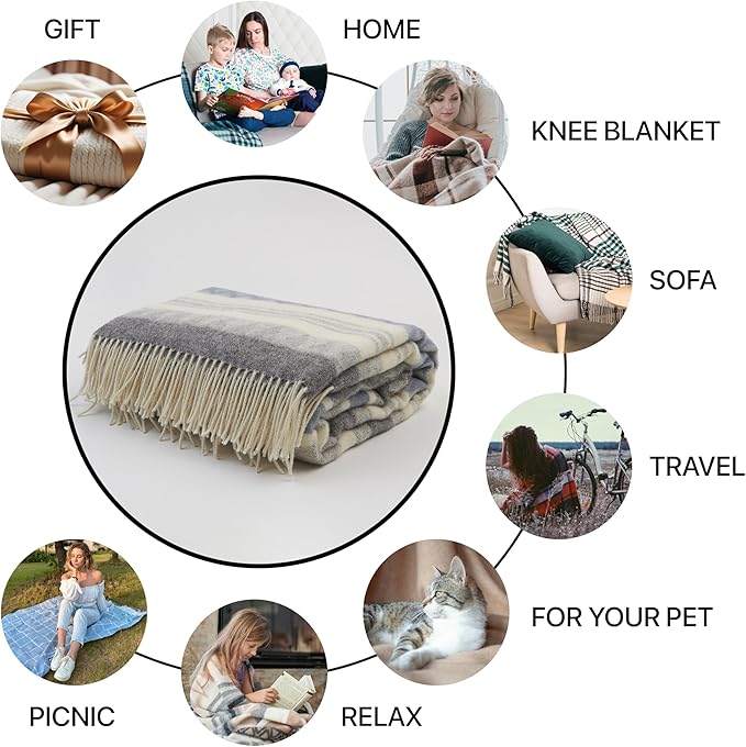 Wool Blanket | 100% Wool from New Zealand | Perfect as a Throw Blanket/Sofa Cover | Virgin Wool Blanket with Fringes in Stripes Designs (140 x 200 cm)