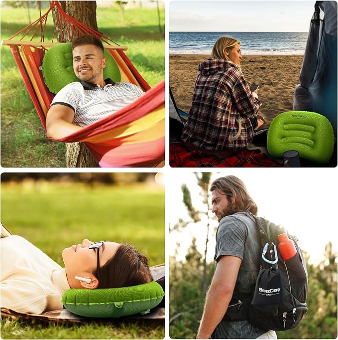 Inflatable Camping Pillow, Travel Blow Up Air Pillow, Neck Lumbar Support Ultralight Compact Pillow for Outdoor Hiking Backpacking Car Beach Airplane Sleeping Essentials, Green