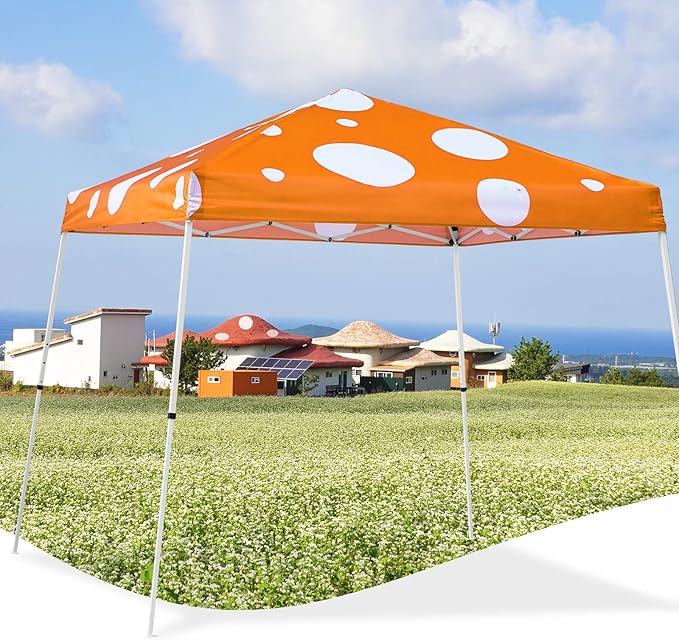 EAGLE PEAK 10x10 Slant Leg Pop-up Canopy Tent Easy One Person Setup Instant Outdoor Beach Canopy Folding Portable Sports Shelter 10x10 Base 8x8 Top (Orange Mushroom)