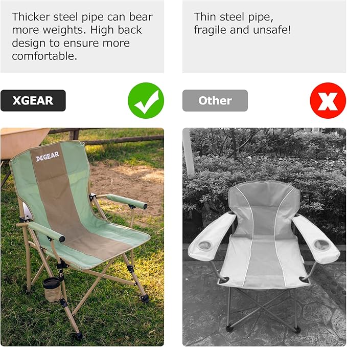 XGEAR Camping Chair with Padded Hard Armrest, Sturdy Folding Camp Chair with Cup Holder, Storage Pockets Carry Bag Included, Support to 400 lbs