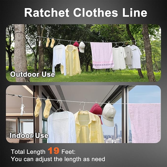 Retractable Travel Clothesline, Portable Clothes Line with Heavy Duty Pulleys & Carabiners, Windproof Clothes Drying Rope for Outdoor Camping, Travel, Indoor Home Use (White, 19 Feet with Clips)