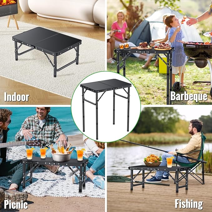 GARLLEN 2ft Folding Camping Table, 3 Adjustable Height Lightweight Folded Picnic Table, Portable Aluminum Grill Table for Camping, BBQ, Outdoor, 22.8" L x 15.7" W, Black