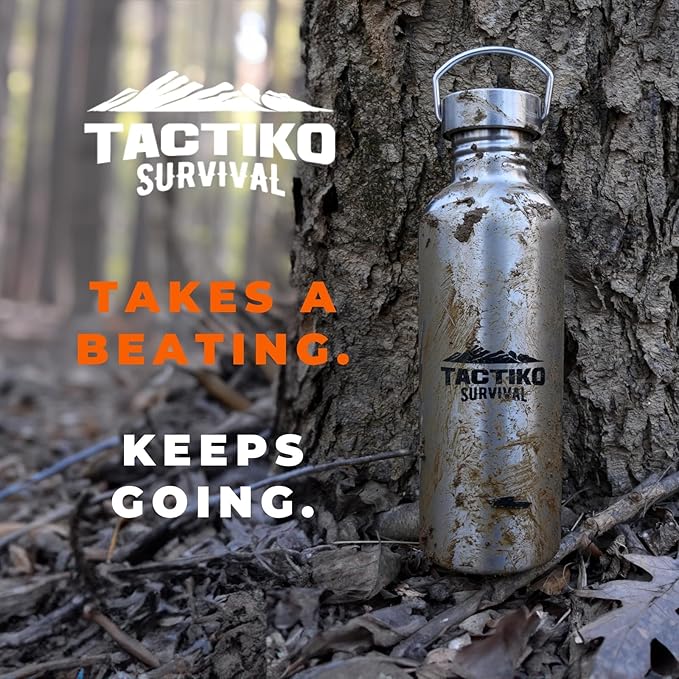 Tactiko Survival Stainless Steel Wide Mouth Water Bottle, Single Wall Boil-Safe, Leakproof, BPA-Free with Carry Sleeve and Strap for Camping, Hiking, Outdoor Prep (Black, 34 oz / 1000 ml)