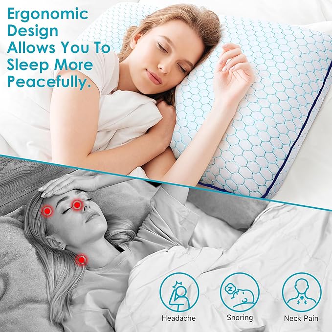 Memory Foam Pillows for Side, Back and Stomach Sleepers, Set of 2, Bed Pillow with Washable Cover and Breathable Mesh, Bed Pillow for Sleeping (Blue，Standard Size)
