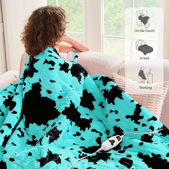 Cow Print Heated Electric Blanket Full Size,72X84 Green Heating Blanket with 10 Heats Levels & 8 Hours Auto Off,Highland Cow Decor Fleece Sherpa Blankets Warmer Gifts for Women Adults,Washable,ETL