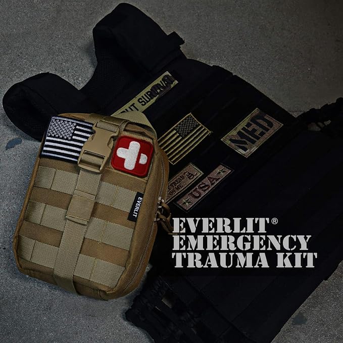 EVERLIT Emergency Trauma Kit, CAT GEN-7 Tourniquet 36" Splint, Military Combat Tactical IFAK for First Aid Response, Critical Wounds, Severe Bleeding Control (Tan)